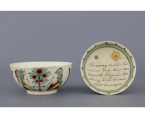 A rare Dutch-decorated English Leeds creamware royal portrait bowl and a small inscribed plate , 18th C. Dia: 10,5 and 12 cm