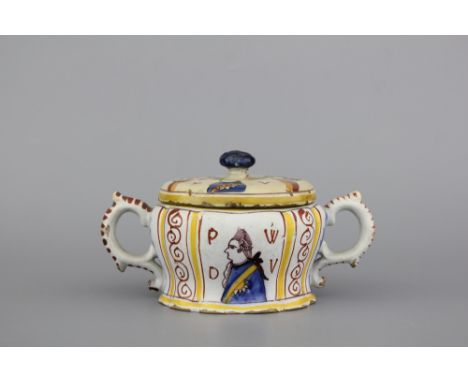 A Dutch Delft polychrome royalist portrait butter tub, 18th C. H: 10,5 cm