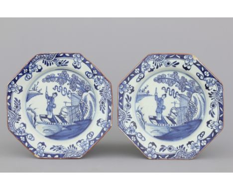 A pair of English Delftware chinoiserie plates, Liverpool, 18th C. Dia: 22 cm