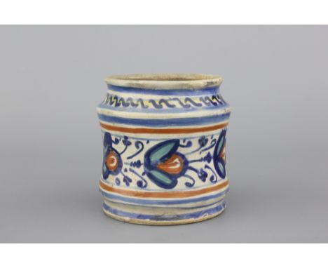 A rare Antwerp maiolica polychrome albarello, 1560-1580 H: 13, Dia: 11,5 cm. Restored.