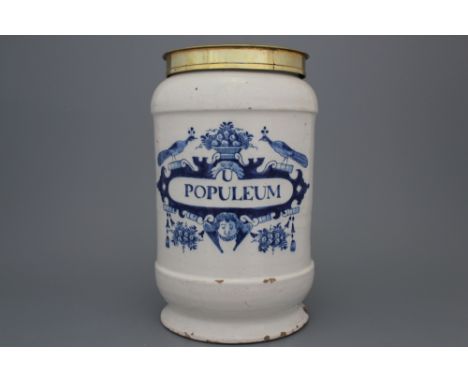 A large Dutch Delft blue and white pharmacy jar and cover, albarello form, 18th C. Inscribed "U: Populeum". Marked AIK for Ja
