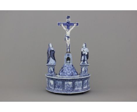 A Dutch Delft blue and white model of a calvary, last quarter 17th C. H: 51 cm. Attributed to Samuel van Eenhoorn, De Grieksc