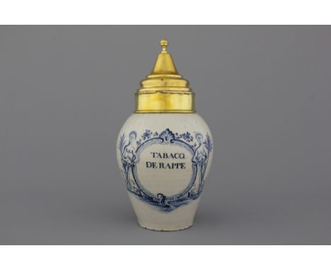 An exceptional Brussels or Lille Delftware tobacco jar "TABACQ DE RAPPE", 18th C. Provenance: The old tobacco store on the co