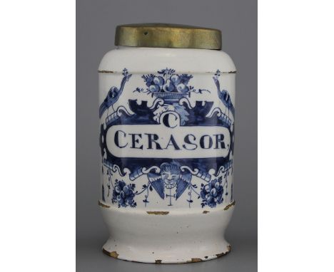 A Dutch Delft blue and white pharmacy jar, albarello form, 18th C. Marked B:P for the "De Blompot" factory and inscribed C: C