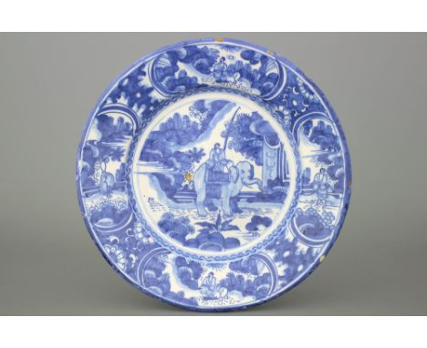 A Dutch Delft blue and white chinoiserie kraak style dish with an elephant, 17th C. Dia: 33,5 cm. In very good condition. Not