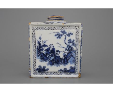 A Dutch Delft blue and white tea caddy, Adrianus Kocx, 1686-1701 Important restoration. H: 15,5 cm
