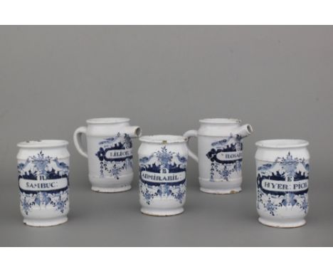 A collection of 5 Dutch Delft blue and white pharmacy wet drug jars and albarello, ca. 1760 H: 18 cm for the syrup jars, H: 1