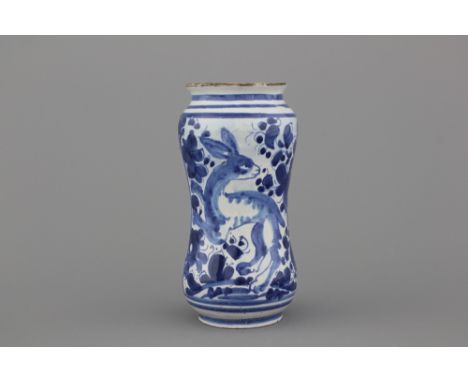 An Italian Savona albarello with a hare, dated 1711 Vividly painted in various shades of blue and white, dated 1711 and inscr