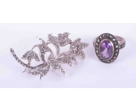 Silver marcasite brooch together with silver amethyst marcasite ring (2).