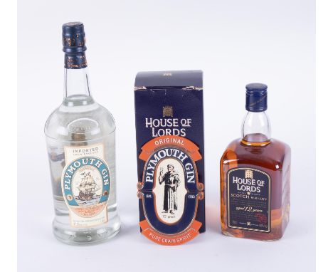 House of Lords Scotch Whisky aged 12 years, boxed, Bottle of Plymouth Gin and a Plymouth Gin plaque.