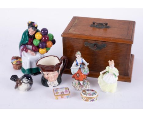 An oak tobacco box together with Halcyon Days enamel box, Doulton figure 'The Old Balloon Seller', Doulton mini character jug