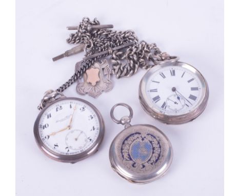 Three pocket watches, to include an IWC silver pocket watch stamped 0.800 &amp; 936889, with an albert chain, 99.29gm, a silv