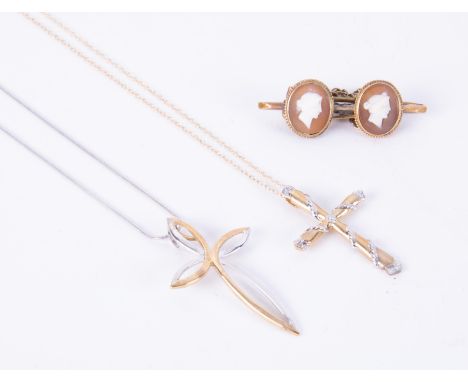 Three items of jewellery to include a Brooks &amp; Bentley 9ct yellow &amp; white gold cross on an 18" snake chain, 3.82gm, i