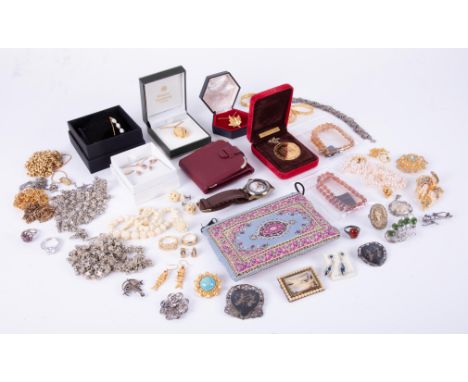 A mixed bag of costume &amp; silver jewellery to include necklaces, earrings, brooches, a watch, alarm clock, amber bead brac