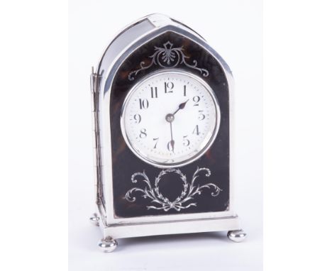 A silver mounted &amp; tortoiseshell mantle clock, with French keyless movement, English silver hallmark on inside door, make