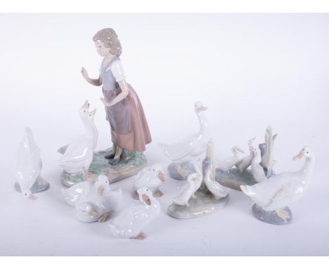 Nao, a collection of nine various geese figures, the tallest 30cm.