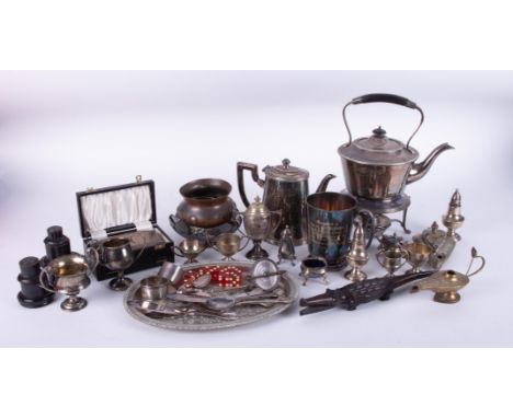 A collection of various silver plated wares including spirit kettle, Aladdin lamp, also small silver trophies, casino dice, t