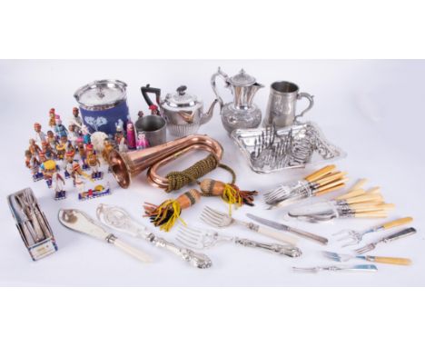 A Wedgwood Jasperware and silver plated biscuit barrel together with various other silver plated tea wares including unusual 