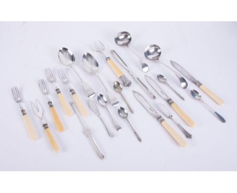 Two Victorian silver tablespoons, various flatware including bone &amp; silver handled bread forks, EP fish eaters, EP marrow