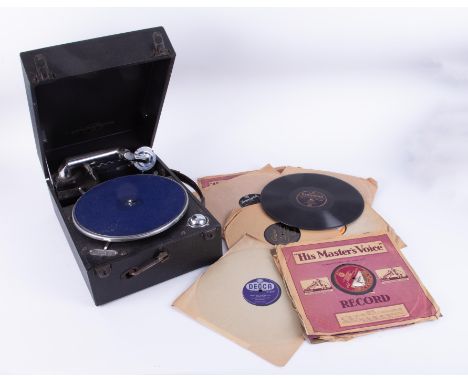 HMV vintage record player and collection of '78 records.