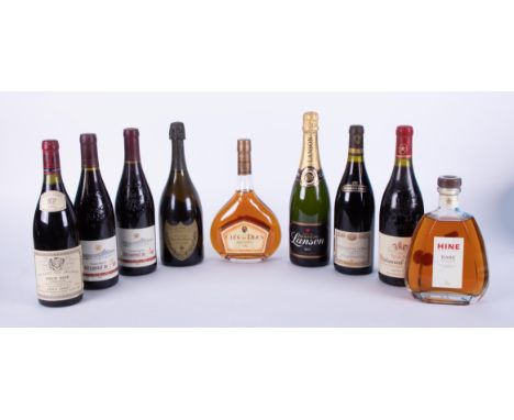 Collection of bottled wine and one brandy including Vintage 1992 Moet 'Cuvee Dom Perignon', Lanson black label 'Brut', Louis 