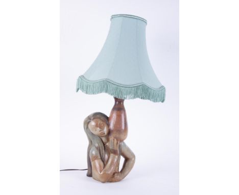 A Lladro lady lamp holding water jug with shade.