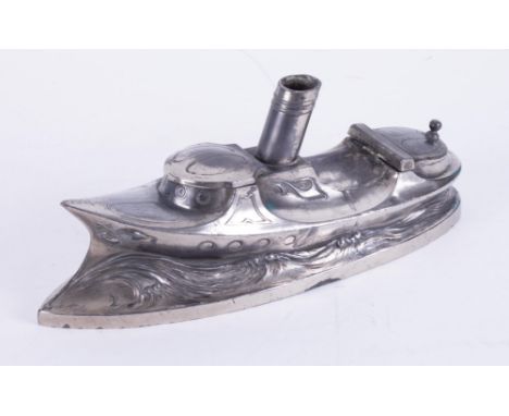 A silver plated, probably WMF, steam boat pen and ink stand.