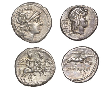 Roman Republican Coinage, Anonymous, Denarius, c. 211-208, helmeted head of Roma right, rev. Dioscuri riding right, 3.21g (Cr