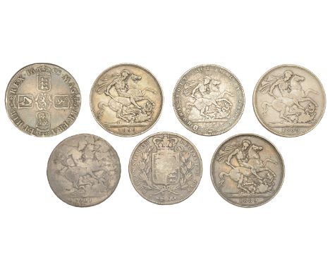 William III to Victoria, Crowns (7), 1695, 1820, 1821, 1844, 1889 (2), 1899 [7]. Varied state, first ex-mount £100-£150