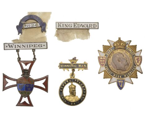 Knights Templar, Winnipeg, a silver and enamel cross by Dingwall, 36 x 35mm, with ribbon (broken) and two bars; a brass and e