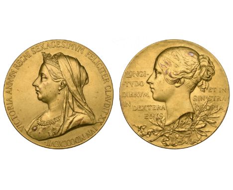 Victoria, Diamond Jubilee, 1897, a gold medal by G.W. de Saulles, veiled bust left, rev. young head left, 55mm, 88.96g (W & E