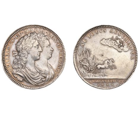 William and Mary, Coronation, 1689, a silver medal, unsigned [by J. Roettiers], conjoined busts right, rev. Jove hurling a th