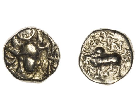 India, HEPHTHALITES, Mihirakula (c. 515-540 AD), Dinar, undated, head of king right wearing Sasanian-style headdress, trident