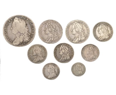 George II, Halfcrown, 1745 lima, Shillings (2), both 1758, Sixpences (3), 1743, 1757 (2), Fourpence, Threepence and Twopence,