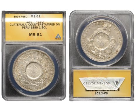 Guatemala, Republic, a Peru Sol, 1889tf, Lima, counterstamped with 1894 Half-Real dies (KM. 224). Extremely fine with some to