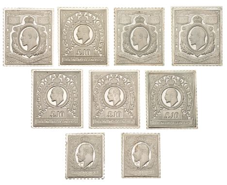 Silver reproductions of postage stamps of Great Britain (2), Natal (4), and the Straits Settlements (3), struck by the Frankl
