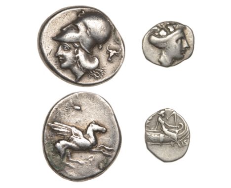 CORINTHIA, Corinth, Stater, c. 375, Pegasos flying right, rev. helmeted head of Athena left, bucranium behind, 8.33g (BMC 123