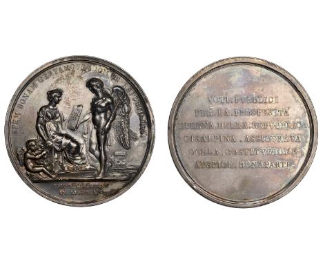 ITALY, Constitution of the Cisalpine Republic, 1802, a silver medal by L. Manfredini, winged Genius standing left, presenting