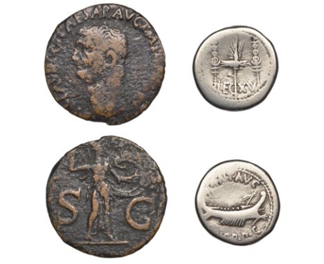 Roman Imperatorial Coinage, Mark Antony, Denarius, Patrae?, 32-1, galley right, rev. leg xv, legionary eagle between two stan