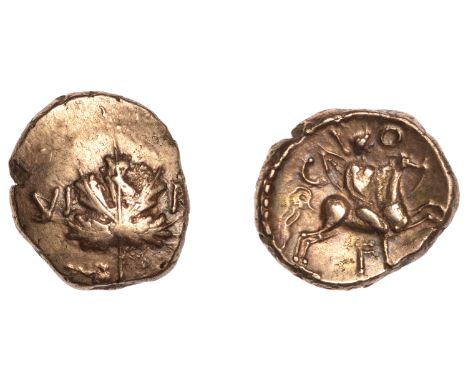 British Iron Age, ATREBATES and REGNI, Verica, Stater, vine leaf dividing vi r(i), rev. mounted warrior right, holding lance 