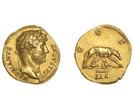 Roman Imperial Coinage, Hadrian, Aureus, c. 124-5, laureate bust right, rev. she-wolf standing right, suckling Romulus and Re