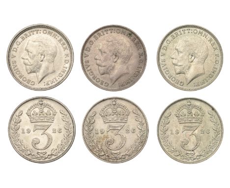 George V, Second coinage, Threepences (2), both 1926 (S 4026); Third coinage, Threepence, 1926 (S 4035) [3]. About extremely 