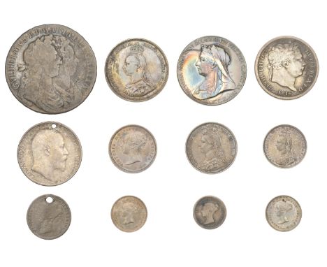 William and Mary, Halfcrown, 1689, first shield (S 3434); George III, Shilling, 1816 (S 3790); Victoria, Shilling, 1887, Sixp