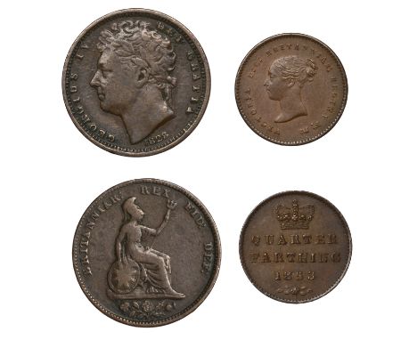 George IV, Half-Farthing, 1828, rev. B (Cooke 1601; BMC 1449; S 3826); Victoria, Quarter-Farthing, 1853 (S 3953) [2]. First f
