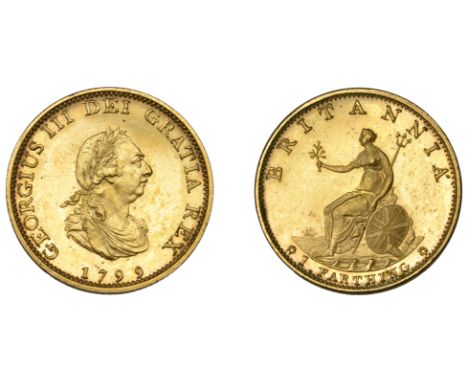 George III (1760-1820), Pre-1816 issues, Proof Farthing, 1799 (late Soho), in gilt-copper, edge obliquely grained, 6.33g/6h (
