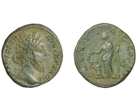Roman Imperial Coinage, Marcus Aurelius, Sestertius, 170, laureate head right, rev. Salus standing left, feeding serpent coil