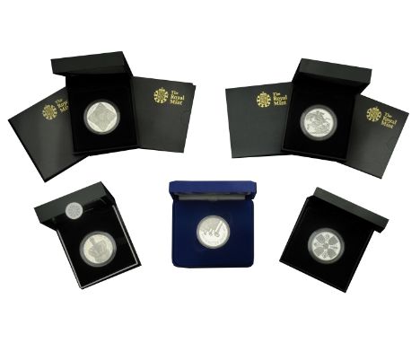 Elizabeth II, silver Proof Five Pounds (9), 2006, 2008 (2), 2009, 2010, 2011, 2013 (2), 2014 [9]. Generally about as struck, 