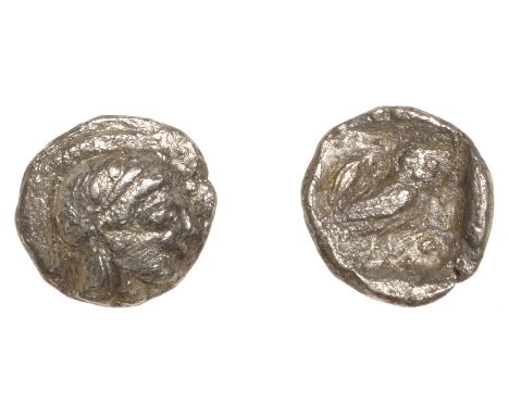 ATTICA, Athens, Obol, c. 455-05, helmeted head of Athena right, rev. owl standing right, olive sprig to left, αθε to right, a