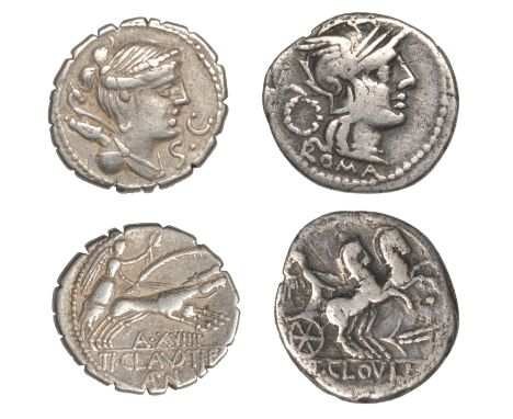 Roman Republican Coinage, T. Cloelius, Denarius, c. 128, head of Roma right, rev. Victory driving biga right, 3.93g (Craw. 26