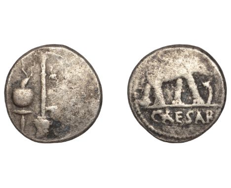 Roman Imperatorial Coinage, Julius Cæsar, Denarius, mobile military mint, 49, elephant walking right, trampling on dragon, re
